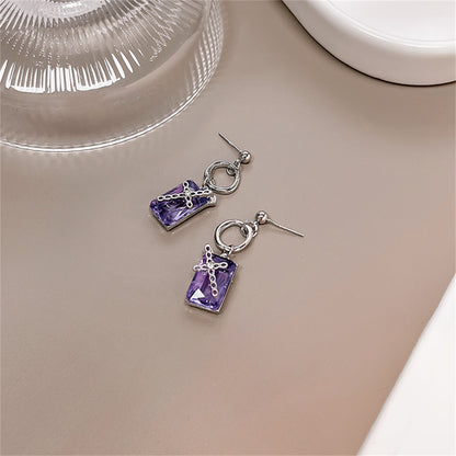 Purple Crystal and Silver-Plated Cross Drop Earrings, silver drop earrings for women, vintage-inspired design, lifestyle look