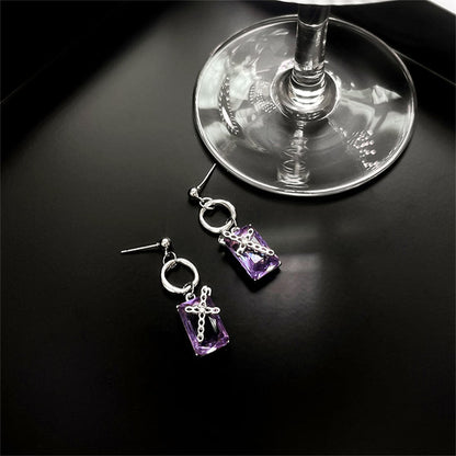 Purple Crystal and Silver-Plated Cross Drop Earrings, silver drop earrings for women, vintage-inspired design, front view