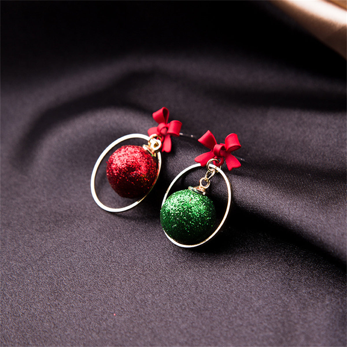 Red and Green Bow Ball Circle Mismatch Drop Earrings, drop earrings for women, dainty minimalist design, front view