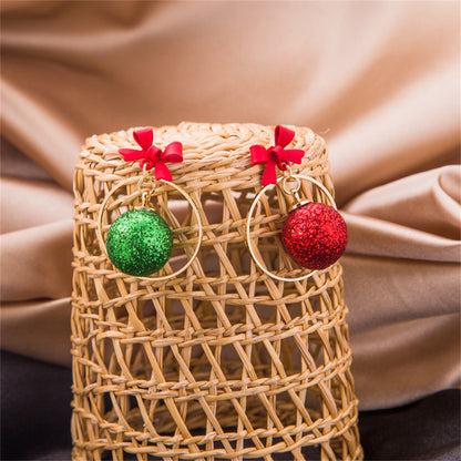 Red and Green Bow Ball Circle Mismatch Drop Earrings, drop earrings for women, dainty minimalist design, detail close-up