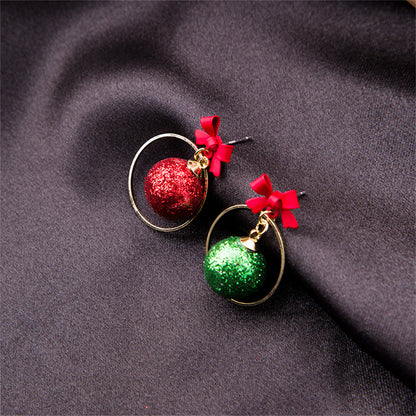 Red and Green Bow Ball Circle Mismatch Drop Earrings, drop earrings for women, dainty minimalist design, lifestyle look