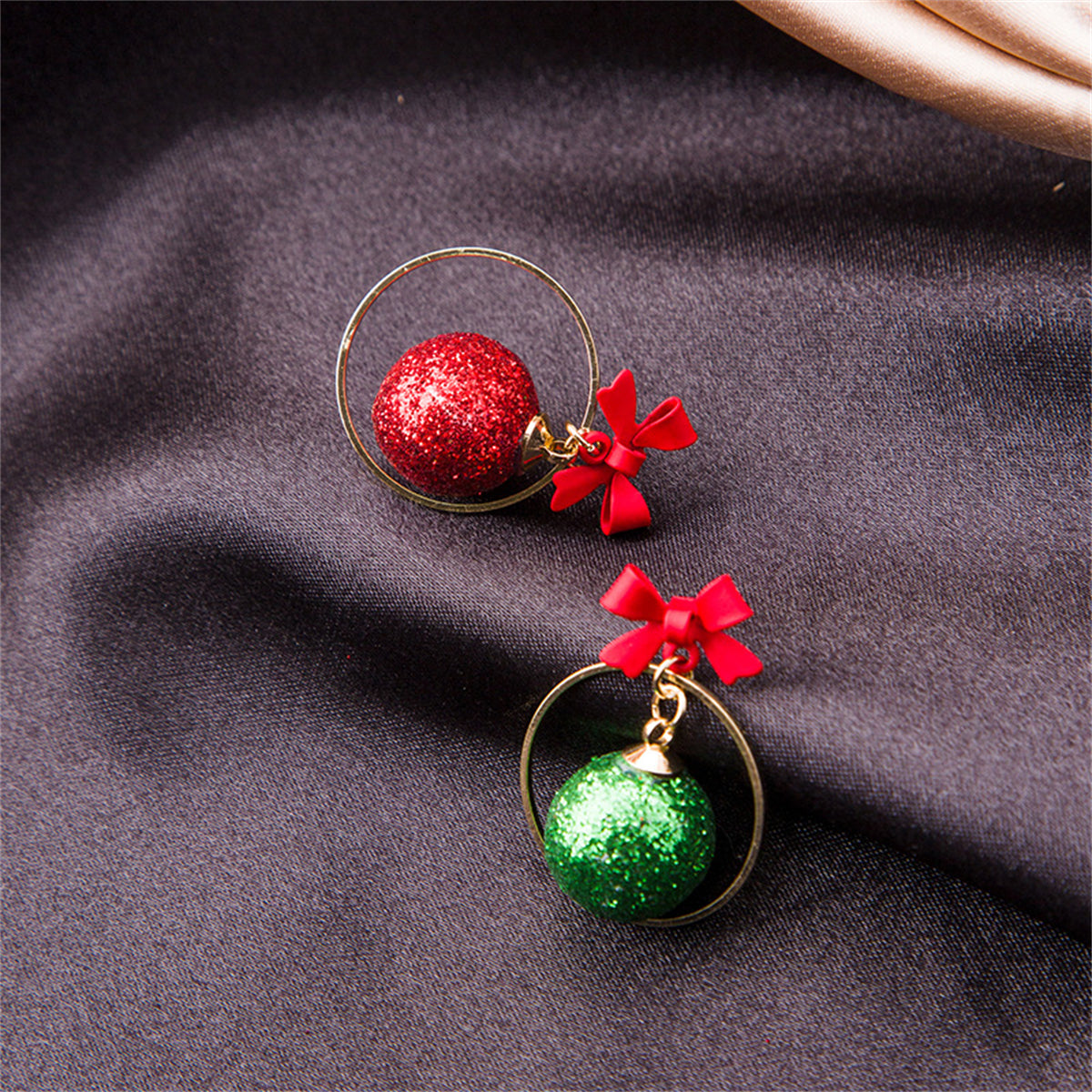 Red and Green Bow Ball Circle Mismatch Drop Earrings, drop earrings for women, dainty minimalist design, side view