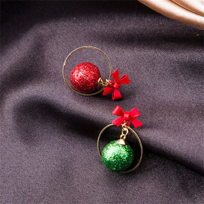 Red and Green Bow Ball Circle Mismatch Drop Earrings, drop earrings for women, dainty minimalist design, side view