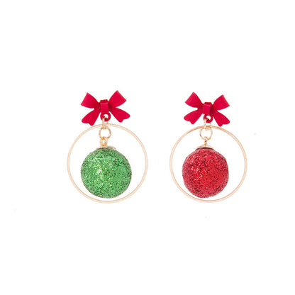 Red and Green Bow Ball Circle Mismatch Drop Earrings, drop earrings for women, dainty minimalist design, styled look