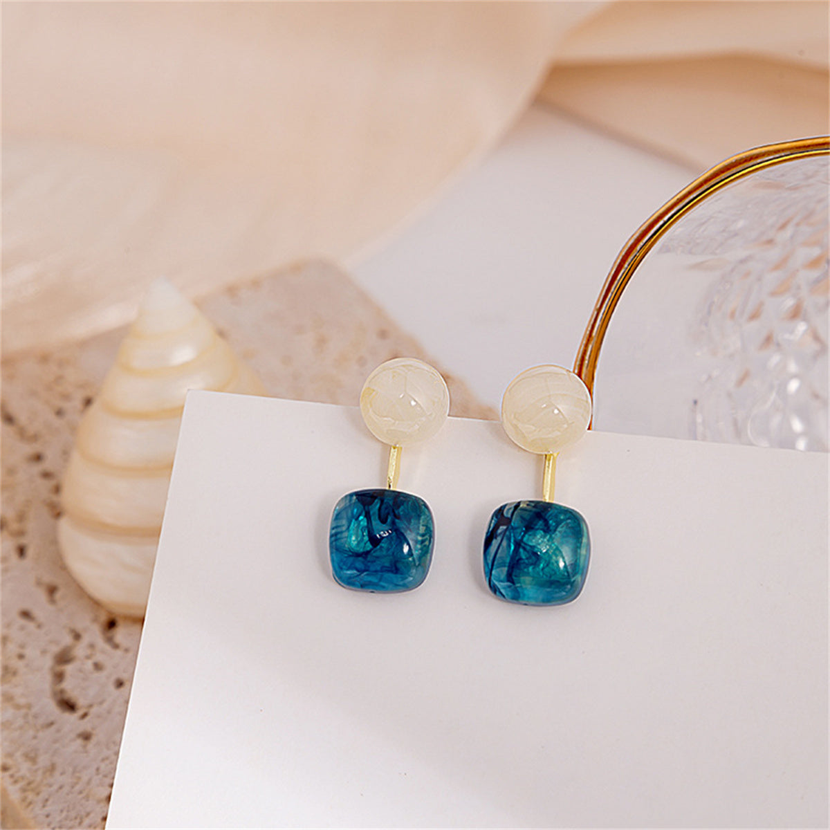 Rose Quartz and Blue Resin Round Square Drop Earrings, drop earrings for women, botanical inspired, front view