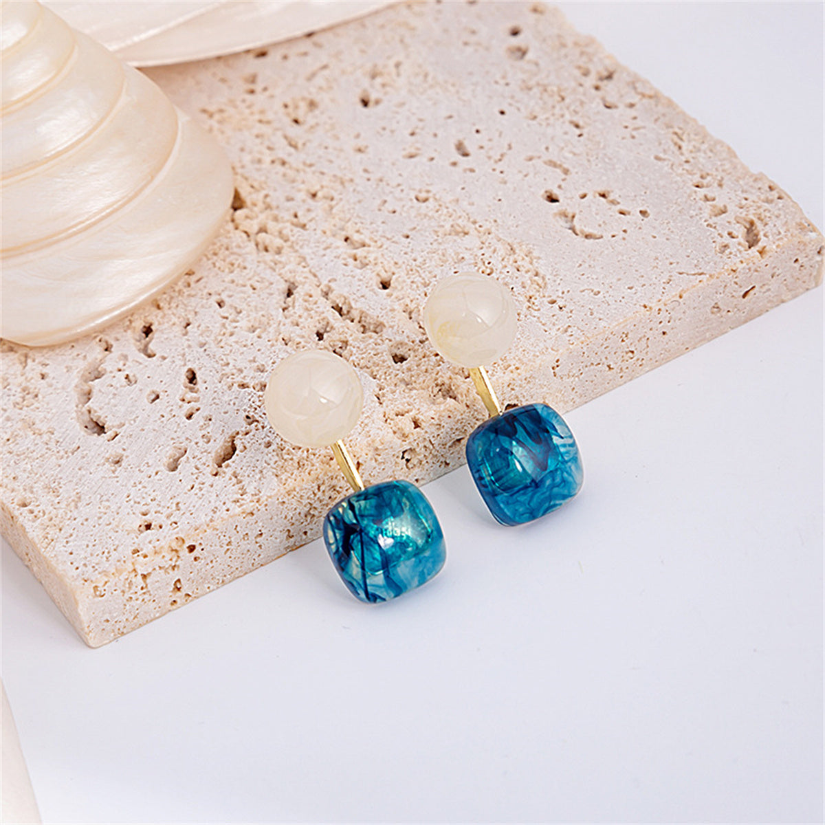 Rose Quartz & Blue Resin Round Square Drop Earrings