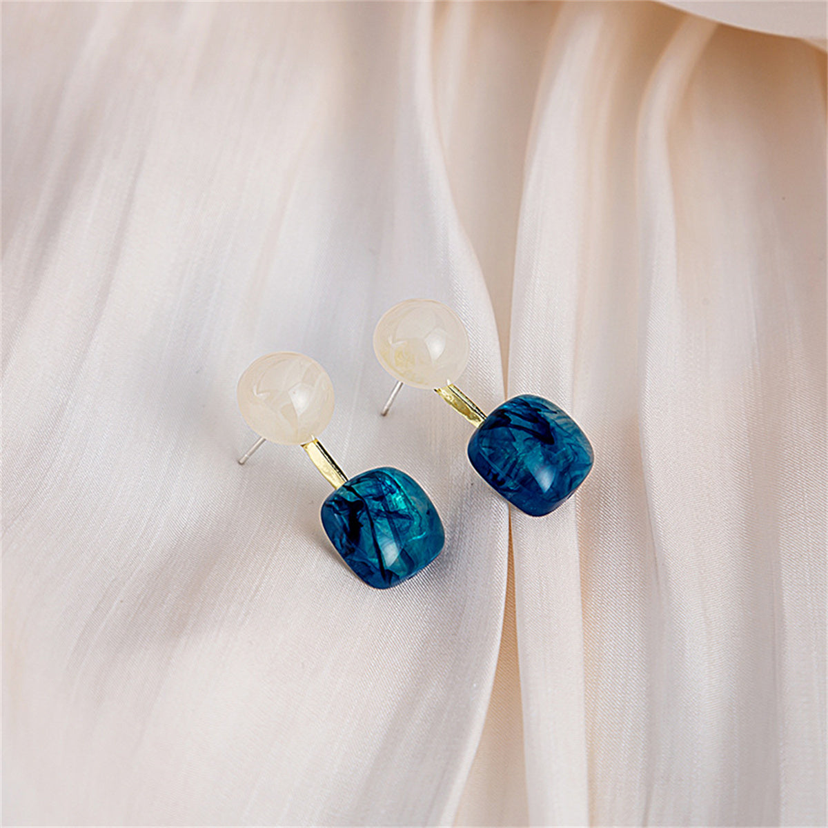 Rose Quartz and Blue Resin Round Square Drop Earrings, drop earrings for women, botanical inspired, side view