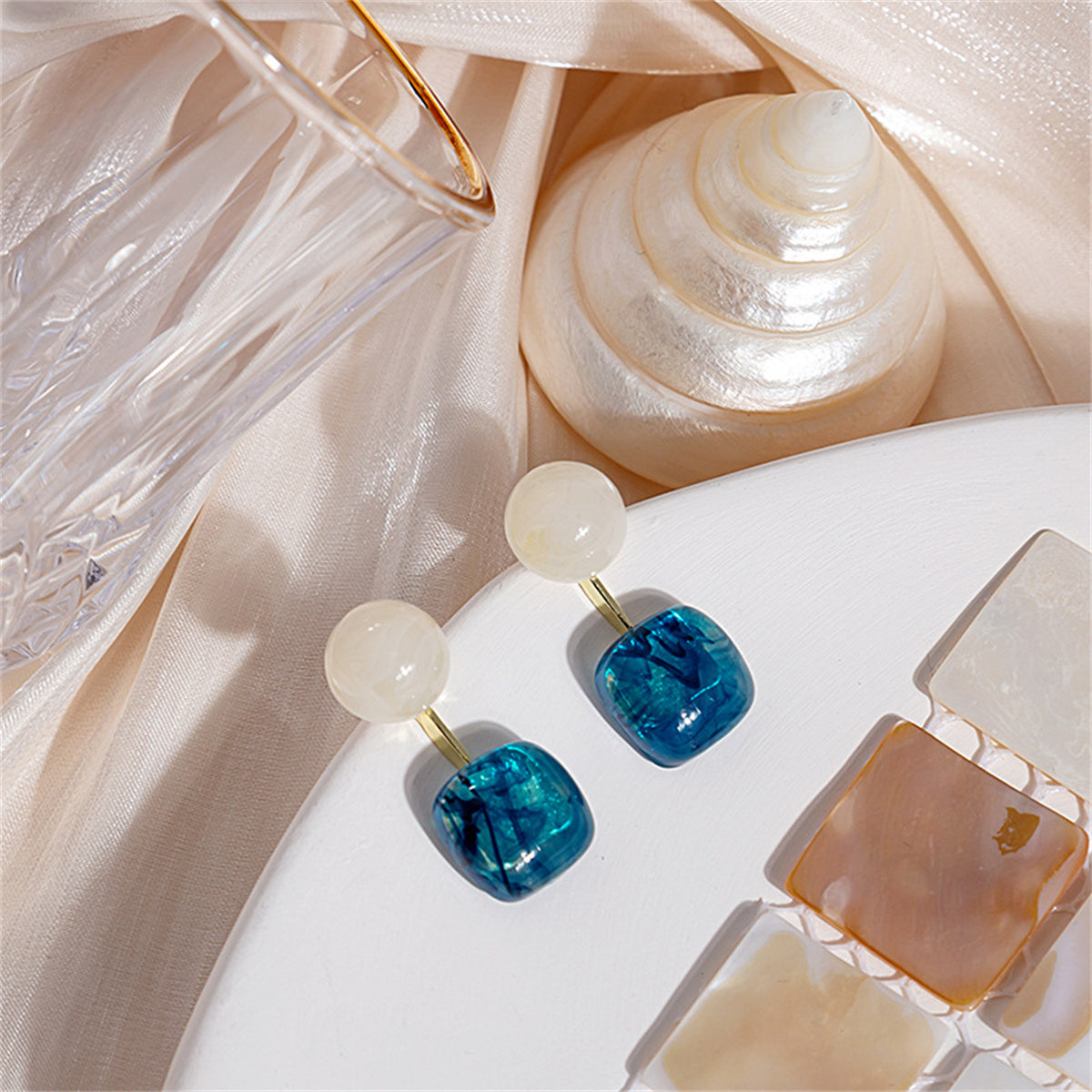 Rose Quartz and Blue Resin Round Square Drop Earrings, drop earrings for women, botanical inspired, detail close-up