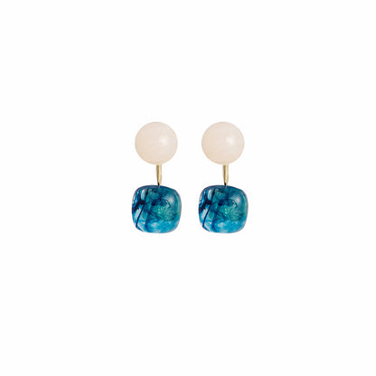 Rose Quartz & Blue Resin Round Square Drop Earrings