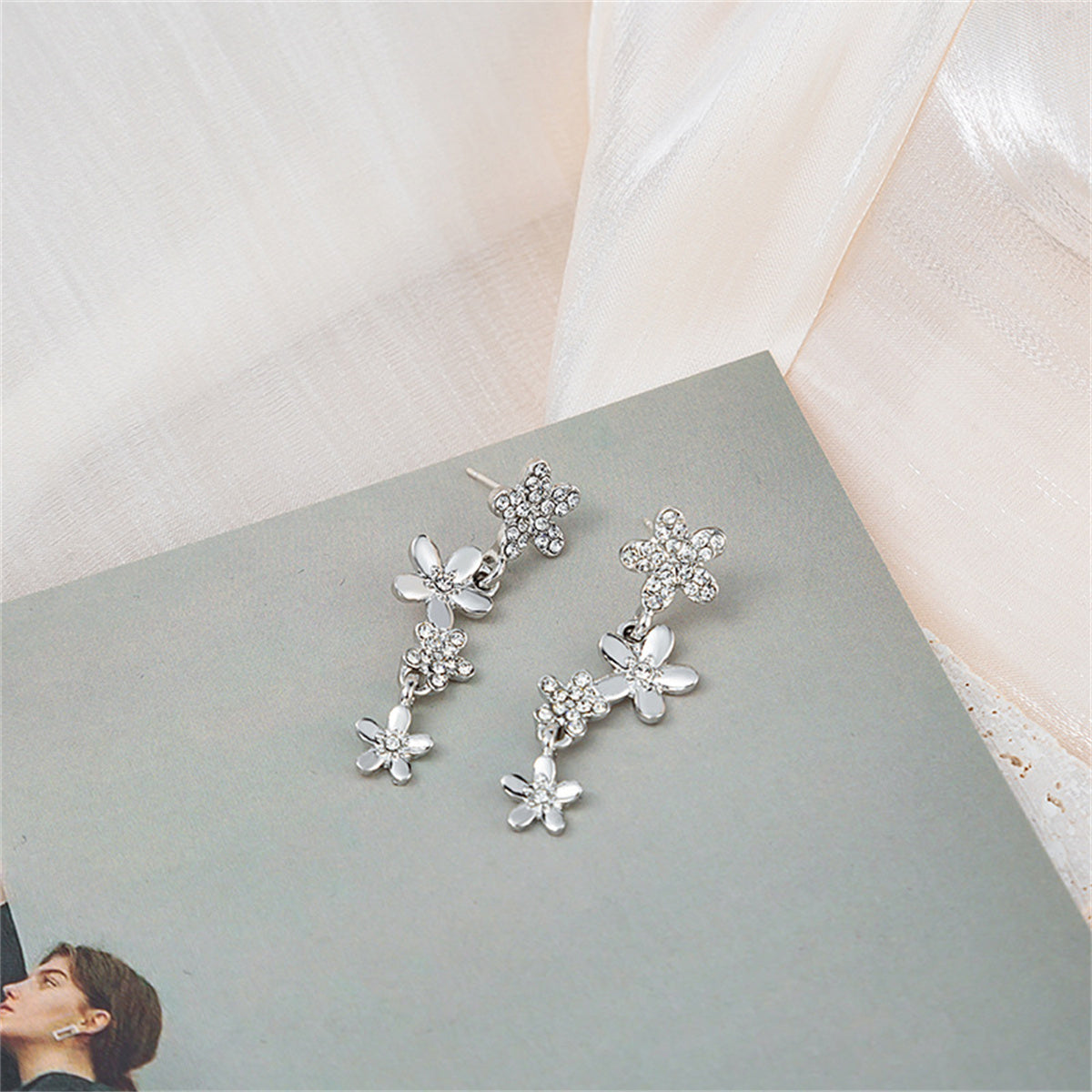 Cubic Zirconia and Silver-Plated Floral Drop Earrings, silver drop earrings for women, everyday style, side view
