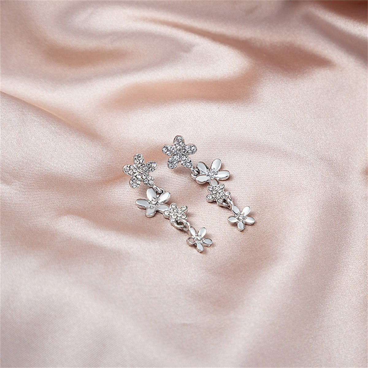 Cubic Zirconia and Silver-Plated Floral Drop Earrings, silver drop earrings for women, everyday style, detail close-up
