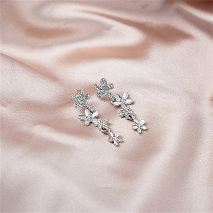 Cubic Zirconia and Silver-Plated Floral Drop Earrings, silver drop earrings for women, everyday style, detail close-up