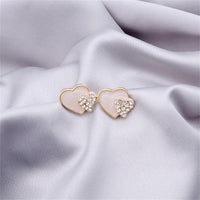 Cubic Zirconia & White Enamel Stacked Heart Stud Earrings