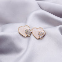 Cubic Zirconia & White Enamel Stacked Heart Stud Earrings