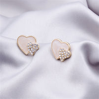 Cubic Zirconia & White Enamel Stacked Heart Stud Earrings