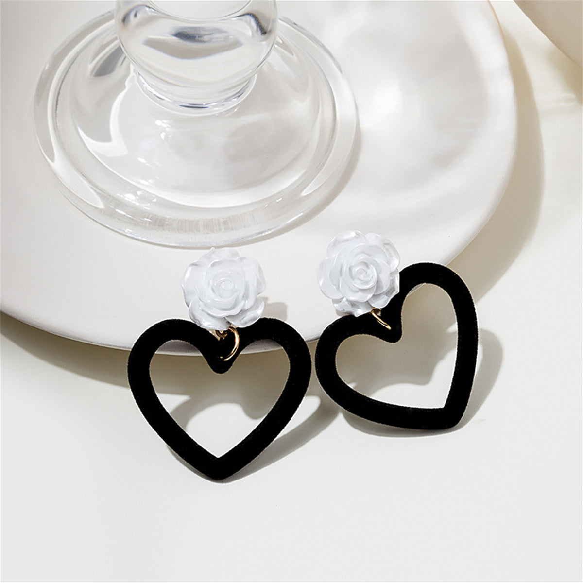 Black Nylon and White Resin Rose Heart Drop Earrings, drop earrings for women, everyday style, front view
