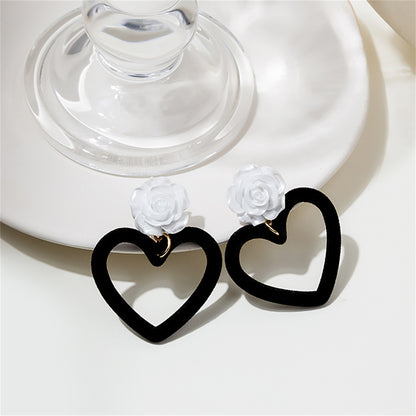 Black Nylon and White Resin Rose Heart Drop Earrings, drop earrings for women, everyday style, front view