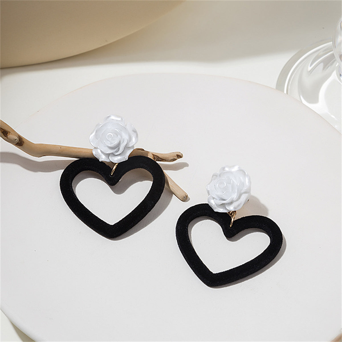 Black Nylon and White Resin Rose Heart Drop Earrings, drop earrings for women, everyday style, lifestyle look