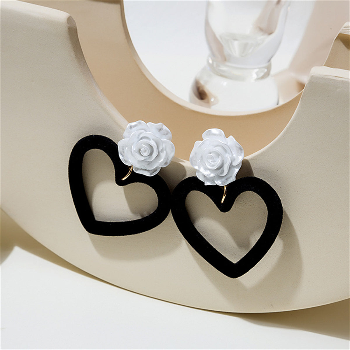 Black Nylon and White Resin Rose Heart Drop Earrings, drop earrings for women, everyday style, side view
