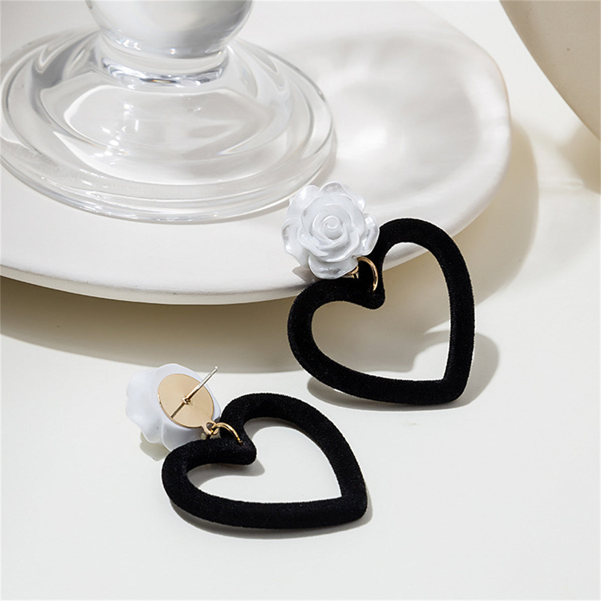 Black Nylon and White Resin Rose Heart Drop Earrings, drop earrings for women, everyday style, detail close-up