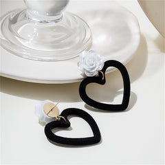 Black Nylon & White Resin Rose Heart Drop Earrings