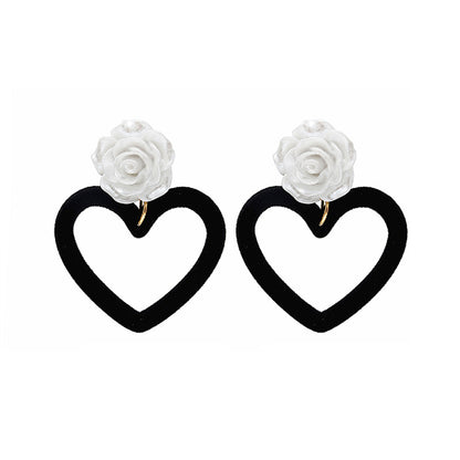 Black Nylon and White Resin Rose Heart Drop Earrings, drop earrings for women, everyday style, styled look