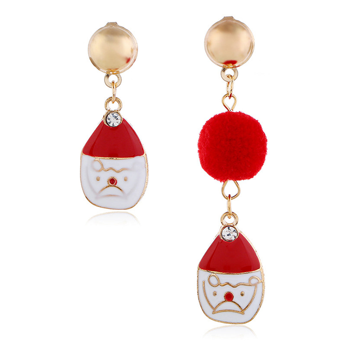 Cubic Zirconia and Red Santa Single Pom-Pom Drop Earrings, drop earrings for women, elegant gift for her, front view