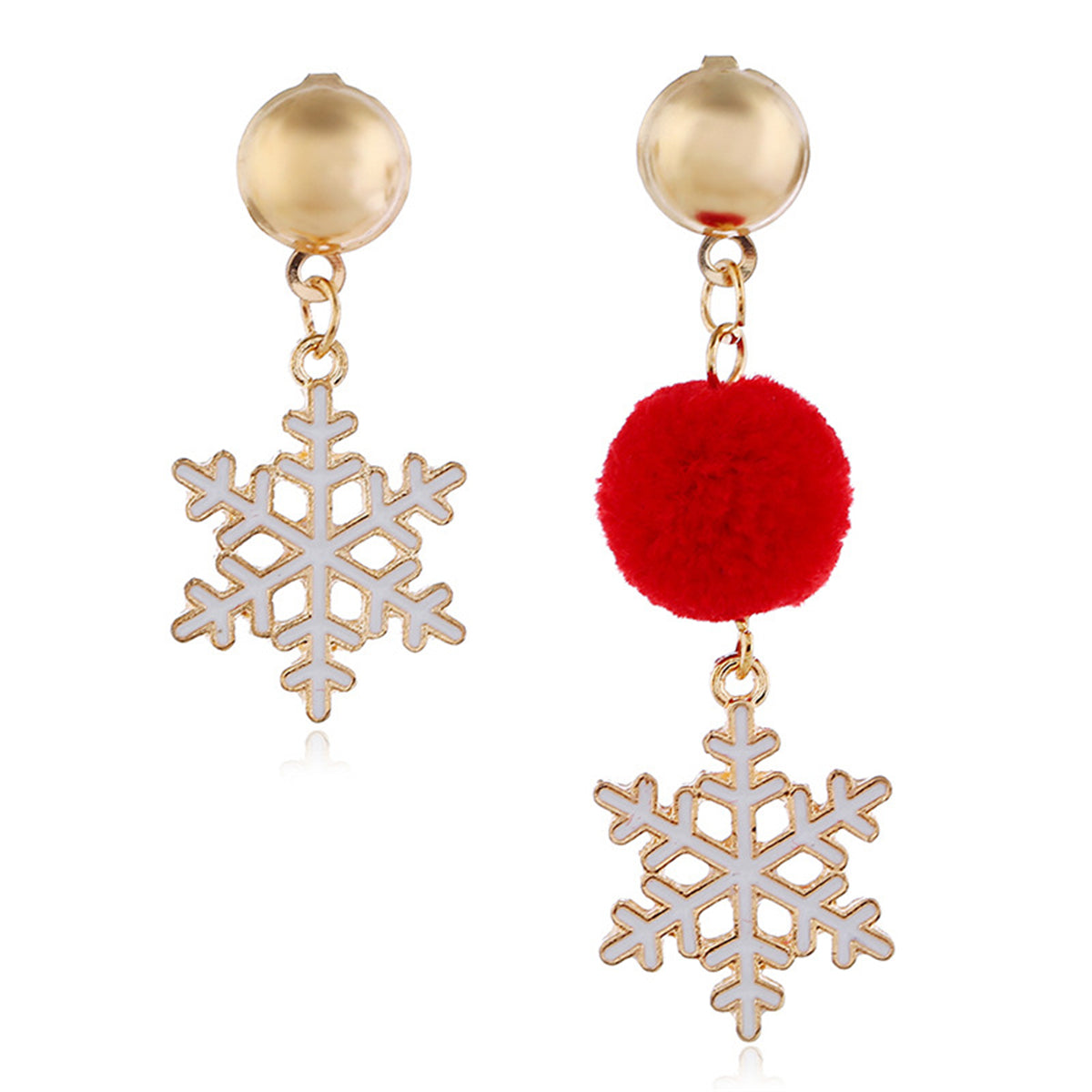 Red Pom-Pom and 18K Gold-Plated Snowflake Mismatched Drop Earrings, gold drop earrings for women, everyday style, front view
