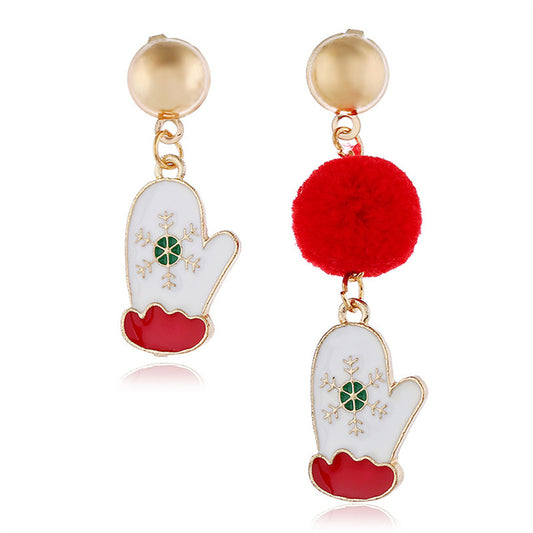 Red and White Snowflake Mittens Single Pom-Pom Drop Earrings, drop earrings for women, elegant gift for her, front view