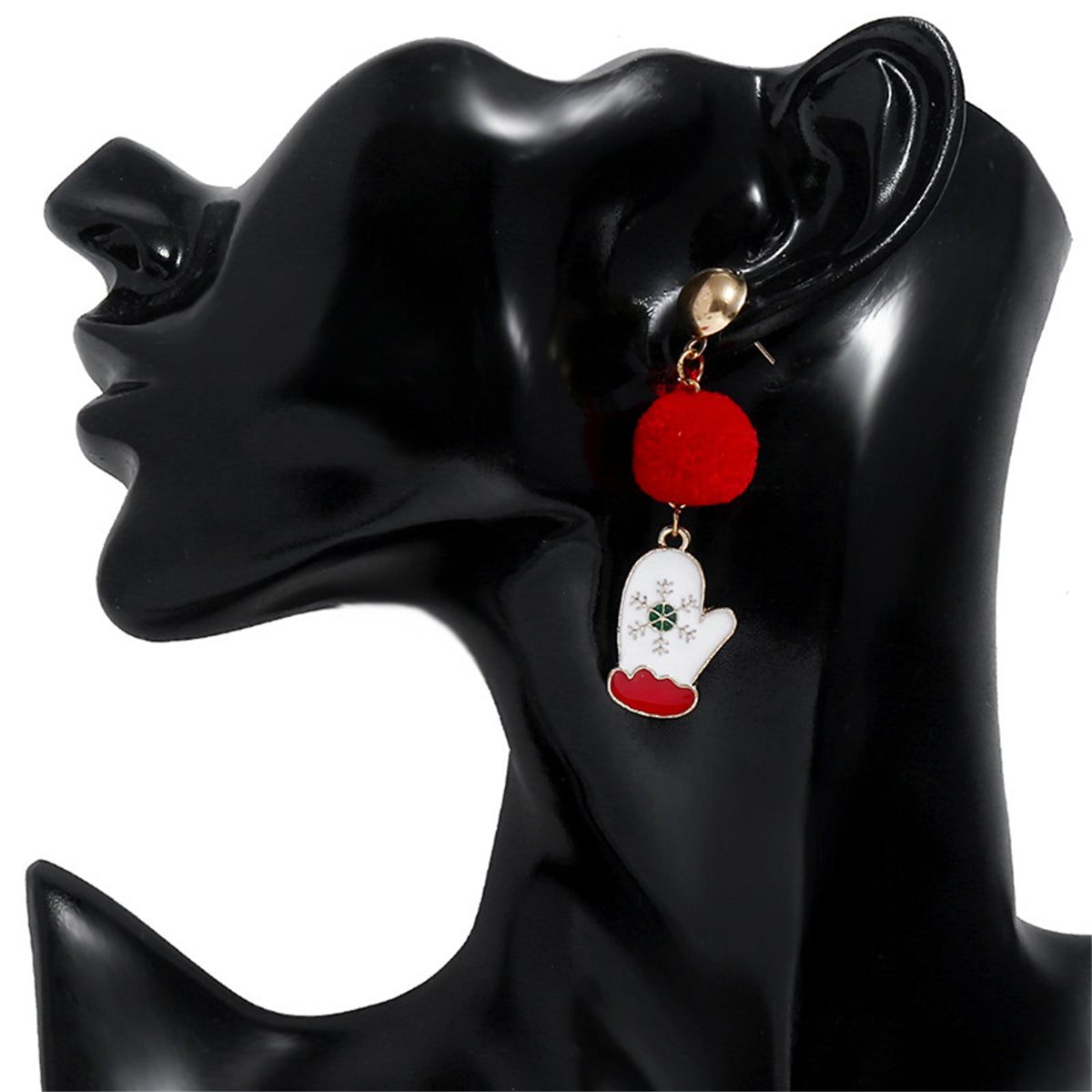 Red and White Snowflake Mittens Single Pom-Pom Drop Earrings, drop earrings for women, elegant gift for her, side view