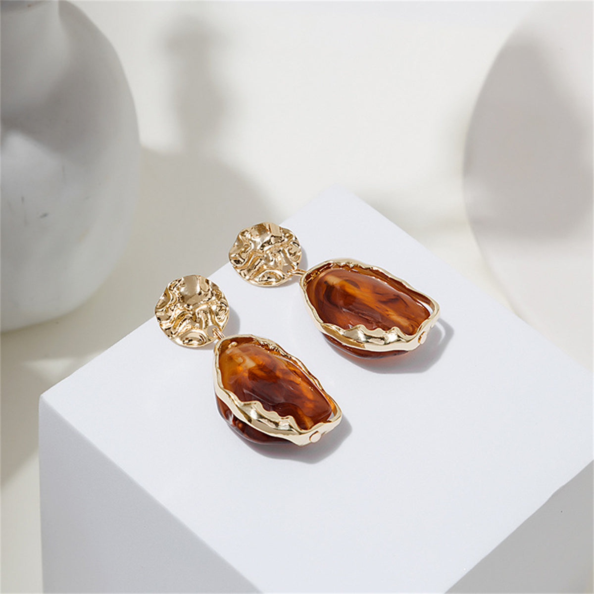 Red Resin and 18K Gold-Plated Textured Geometric Drop Earrings, gold drop earrings for women, front view