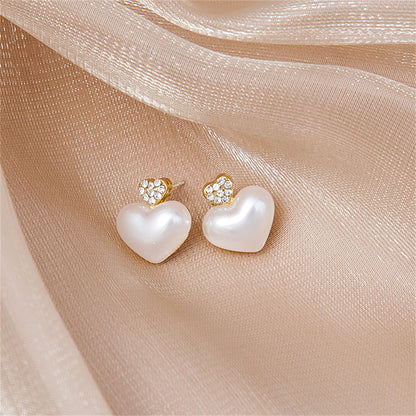 Cubic Zirconia and Pearl Goldtone 3-D Heart Stud Earrings, gold drop earrings for women, everyday style, front view