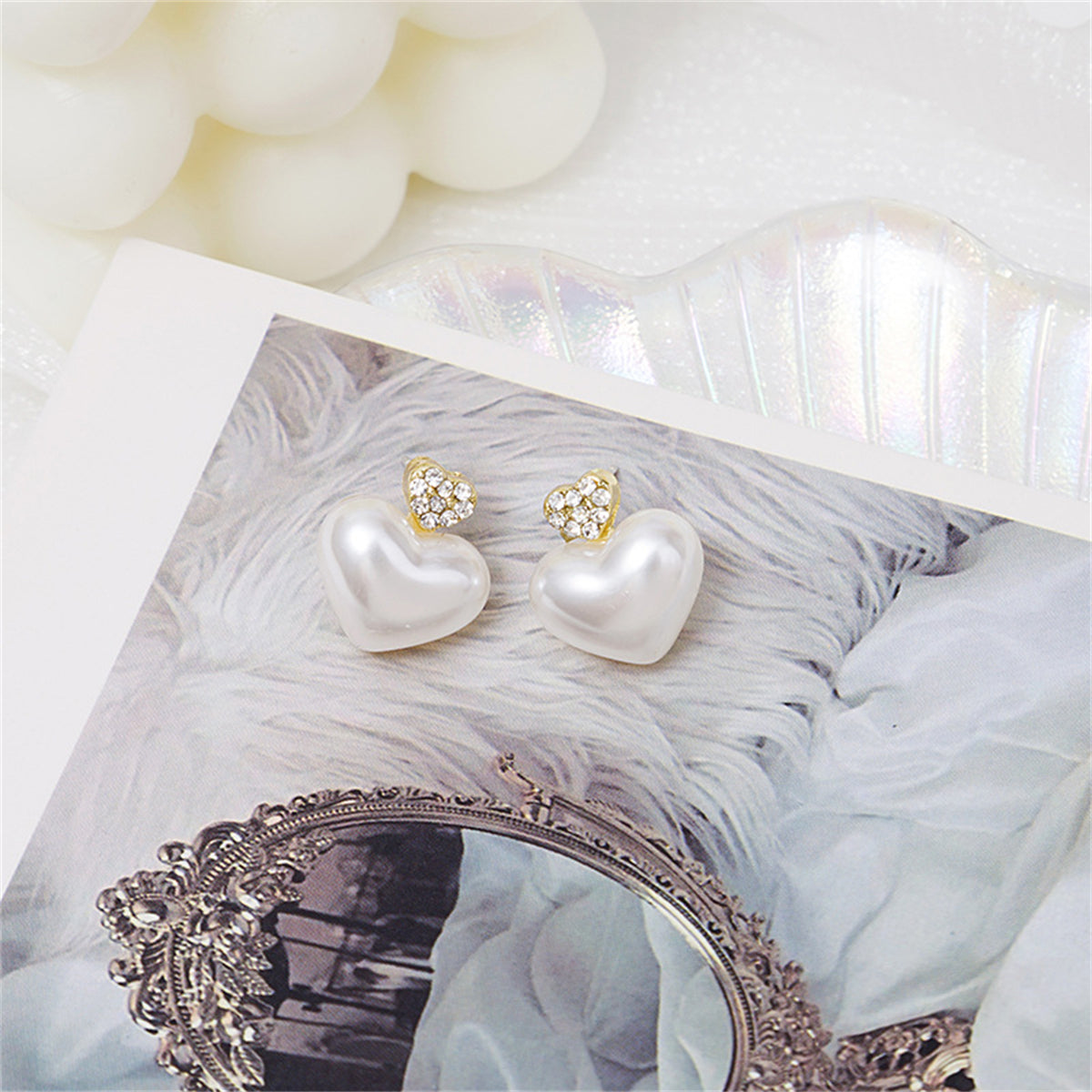 Cubic Zirconia and Pearl Goldtone 3-D Heart Stud Earrings, gold drop earrings for women, everyday style, detail close-up