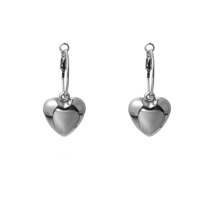 Silver-Plated Heart Huggie Earrings, silver huggie earrings, vintage-inspired design, front view