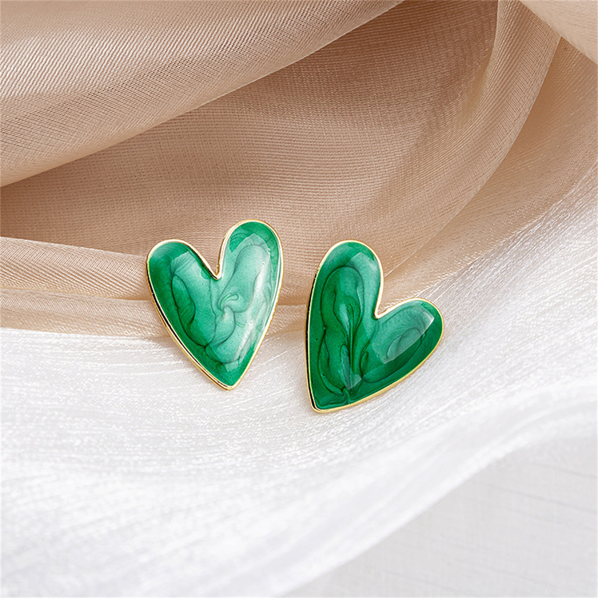 Green Enamel and 18K Gold-Plated Heart Stud Earrings, gold stud earrings for women, elegant gift for her, front view