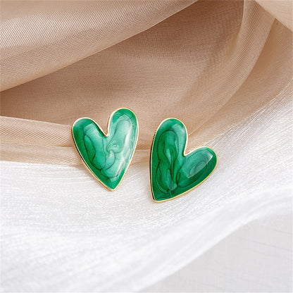 Green Enamel and 18K Gold-Plated Heart Stud Earrings, gold stud earrings for women, elegant gift for her, front view