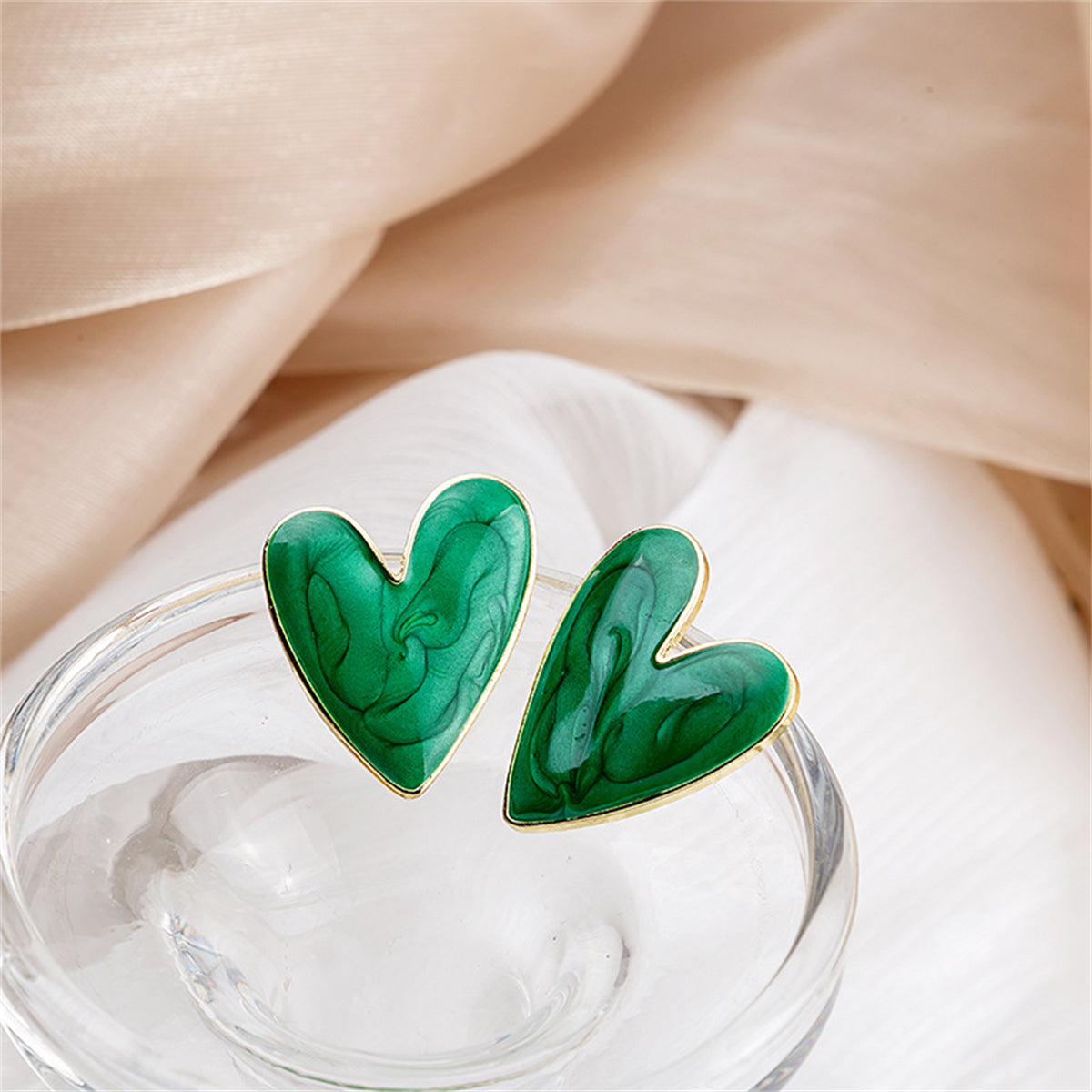 Green Enamel and 18K Gold-Plated Heart Stud Earrings, gold stud earrings for women, elegant gift for her, styled look