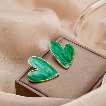 Green Enamel and 18K Gold-Plated Heart Stud Earrings, gold stud earrings for women, elegant gift for her, detail close-up