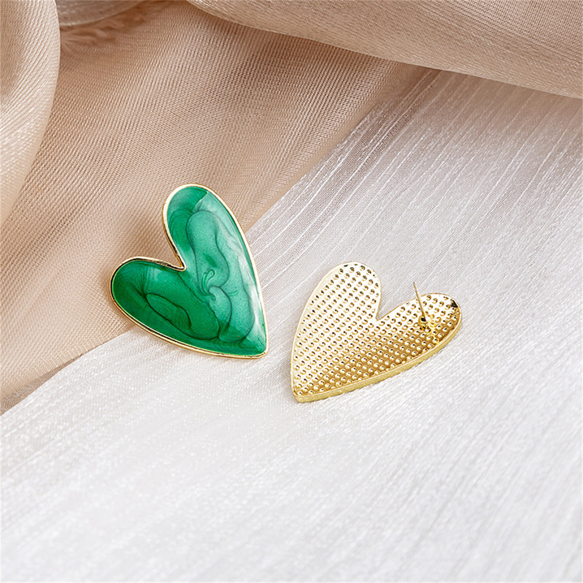 Green Enamel and 18K Gold-Plated Heart Stud Earrings, gold stud earrings for women, elegant gift for her, lifestyle look