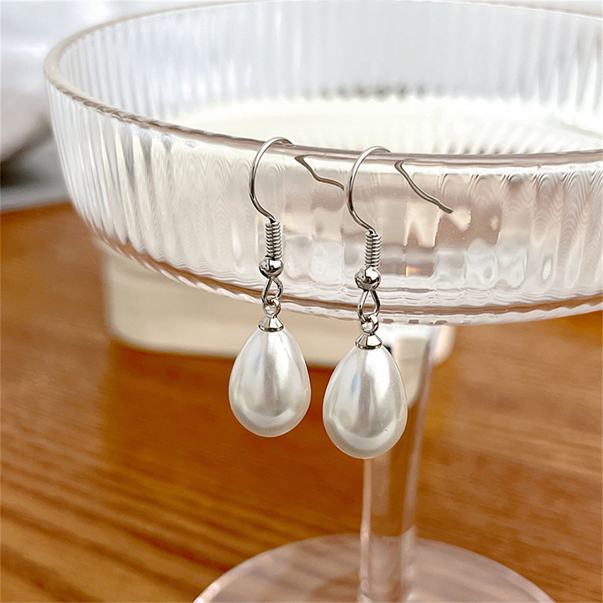 Pearl and Silver-Plated Dangle Drop Earrings, silver drop earrings for women, elegant gift for her, front view