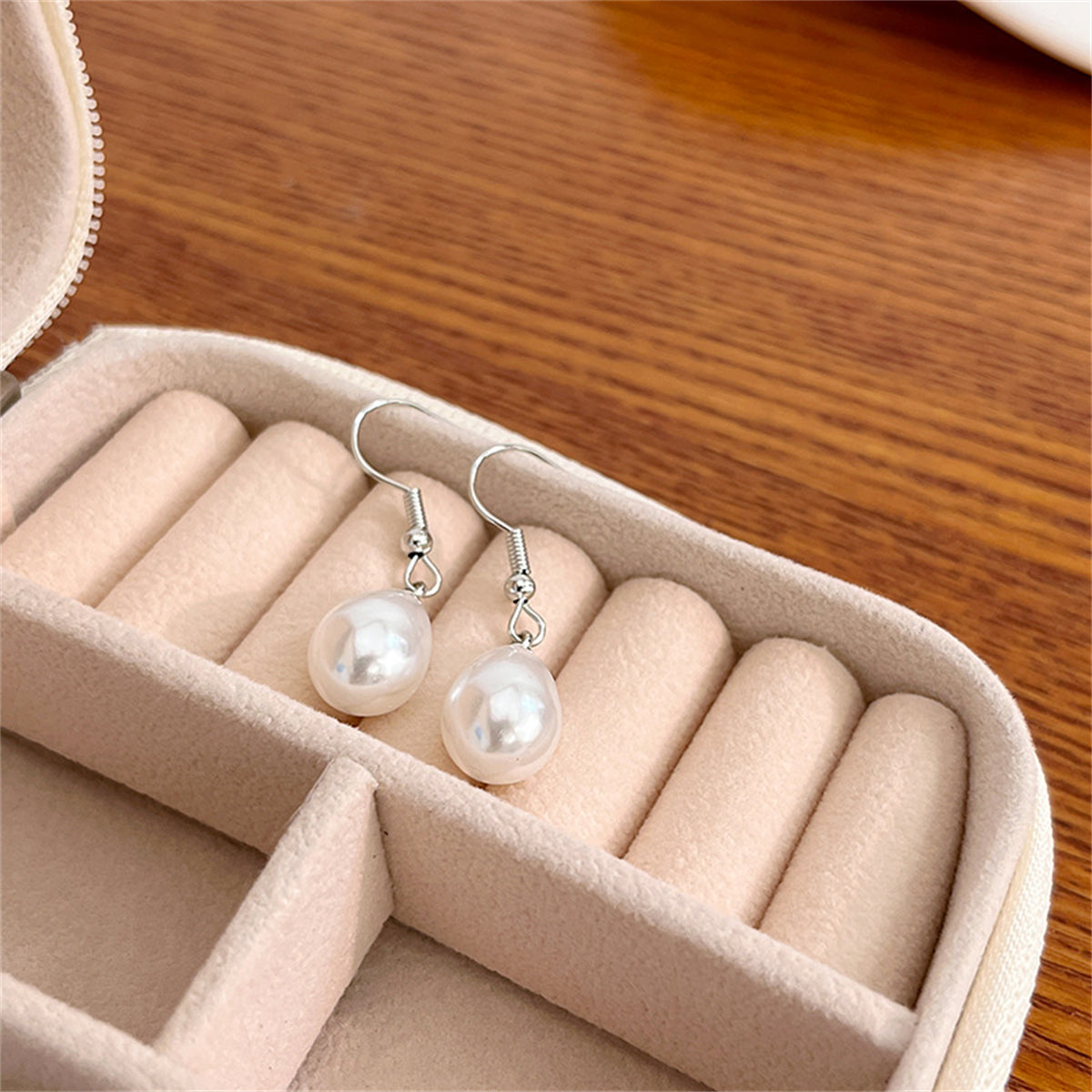 Pearl and Silver-Plated Dangle Drop Earrings, silver drop earrings for women, elegant gift for her, side view
