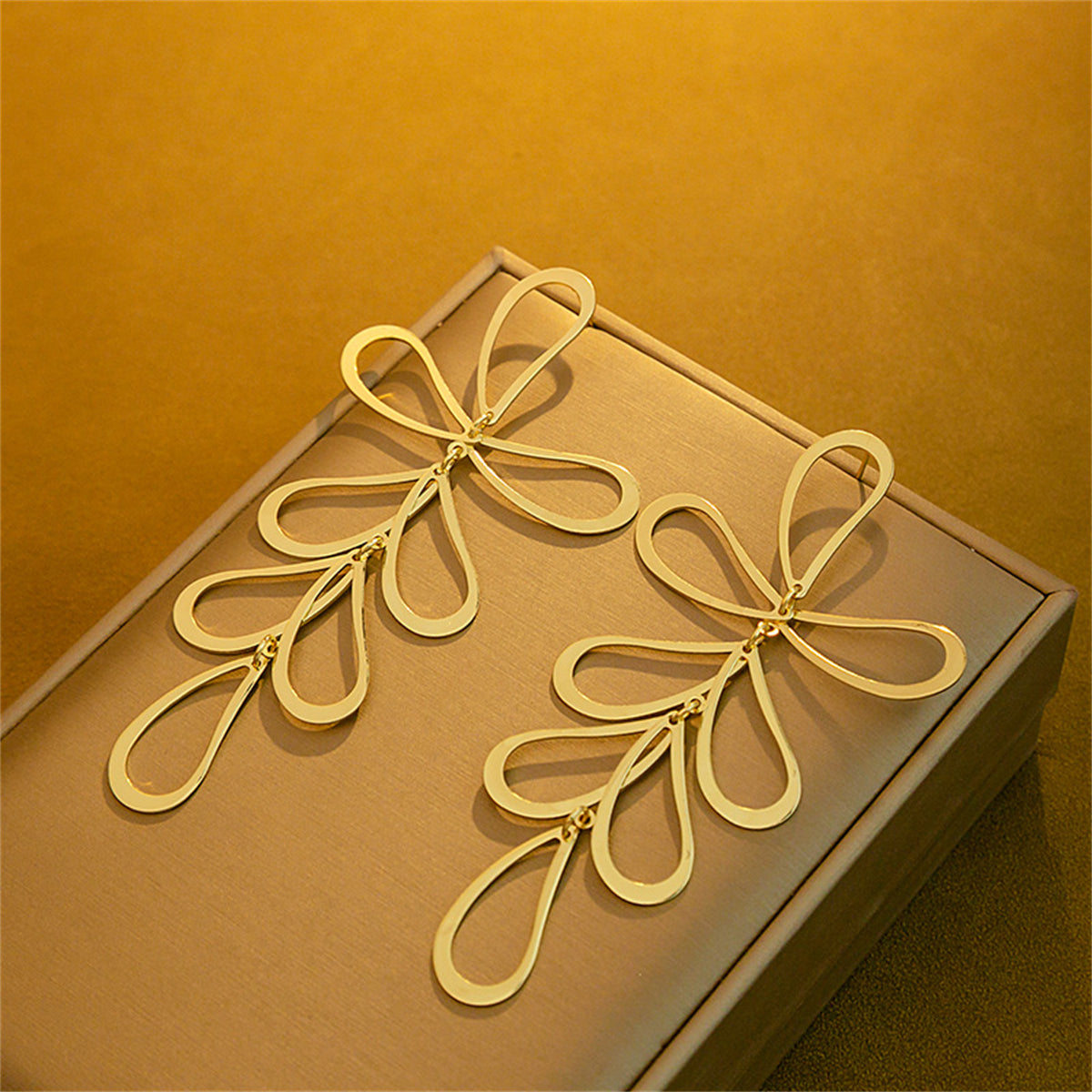 18K Gold-Plated Open Leaves Drop Earrings, gold drop earrings for women, dainty minimalist design, front view