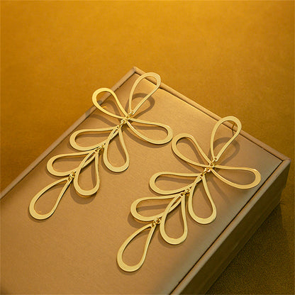 18K Gold-Plated Open Leaves Drop Earrings, gold drop earrings for women, dainty minimalist design, front view