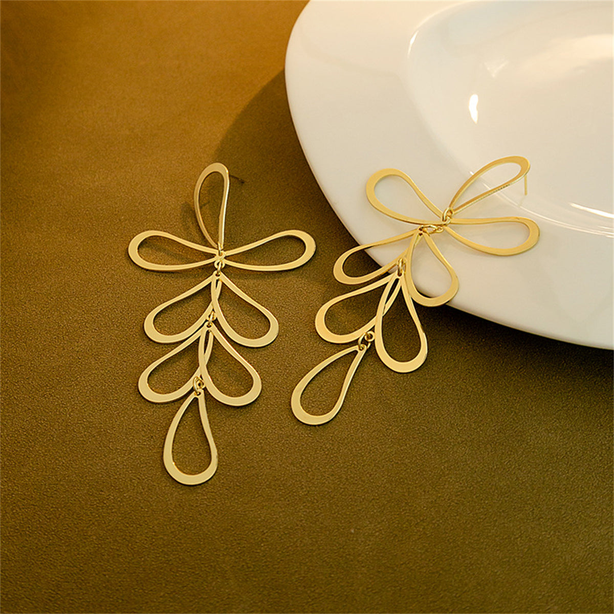 18K Gold-Plated Open Leaves Drop Earrings, gold drop earrings for women, dainty minimalist design, side view