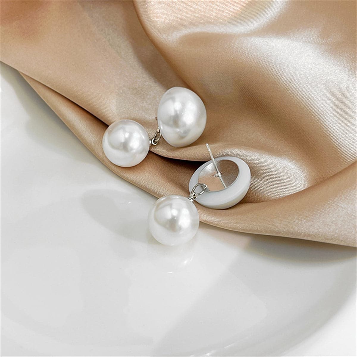 Pearl and Silver-Plated Round Double-Bead Drop Earrings, silver drop earrings for women, everyday style, front view