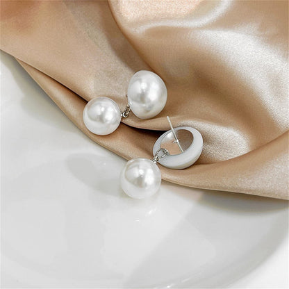 Pearl and Silver-Plated Round Double-Bead Drop Earrings, silver drop earrings for women, everyday style, front view