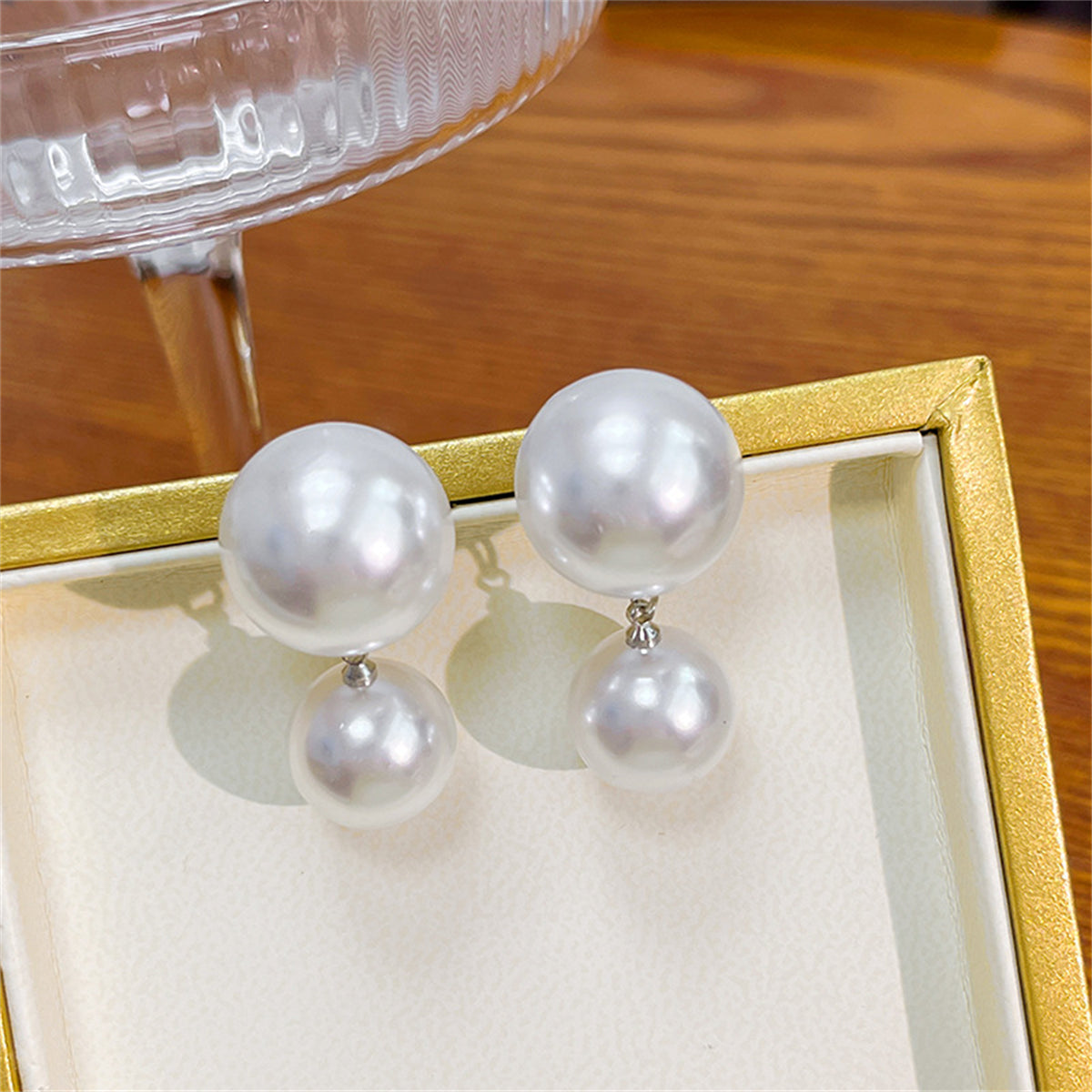 Pearl and Silver-Plated Round Double-Bead Drop Earrings, silver drop earrings for women, everyday style, side view