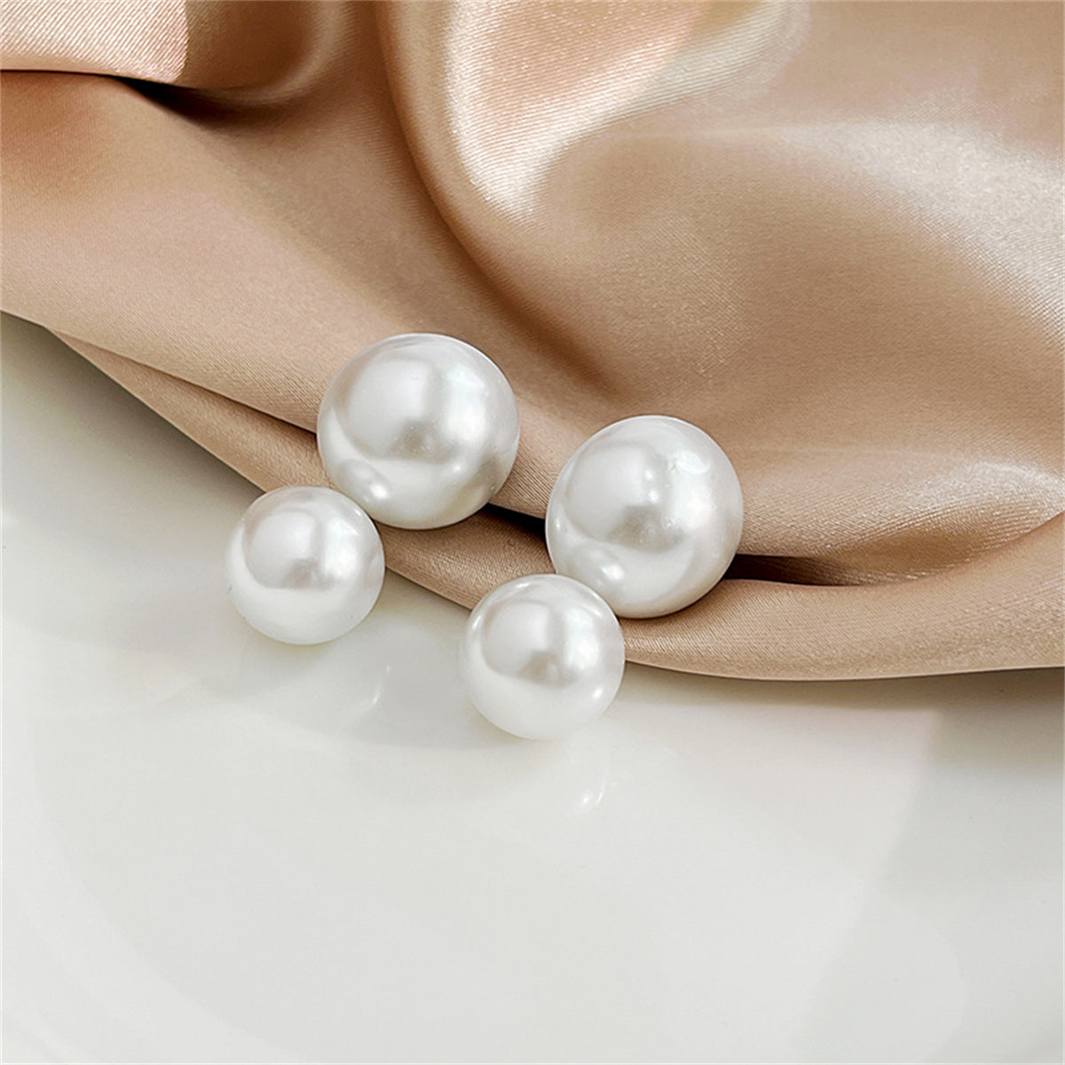 Pearl and Silver-Plated Round Double-Bead Drop Earrings, silver drop earrings for women, everyday style, detail close-up