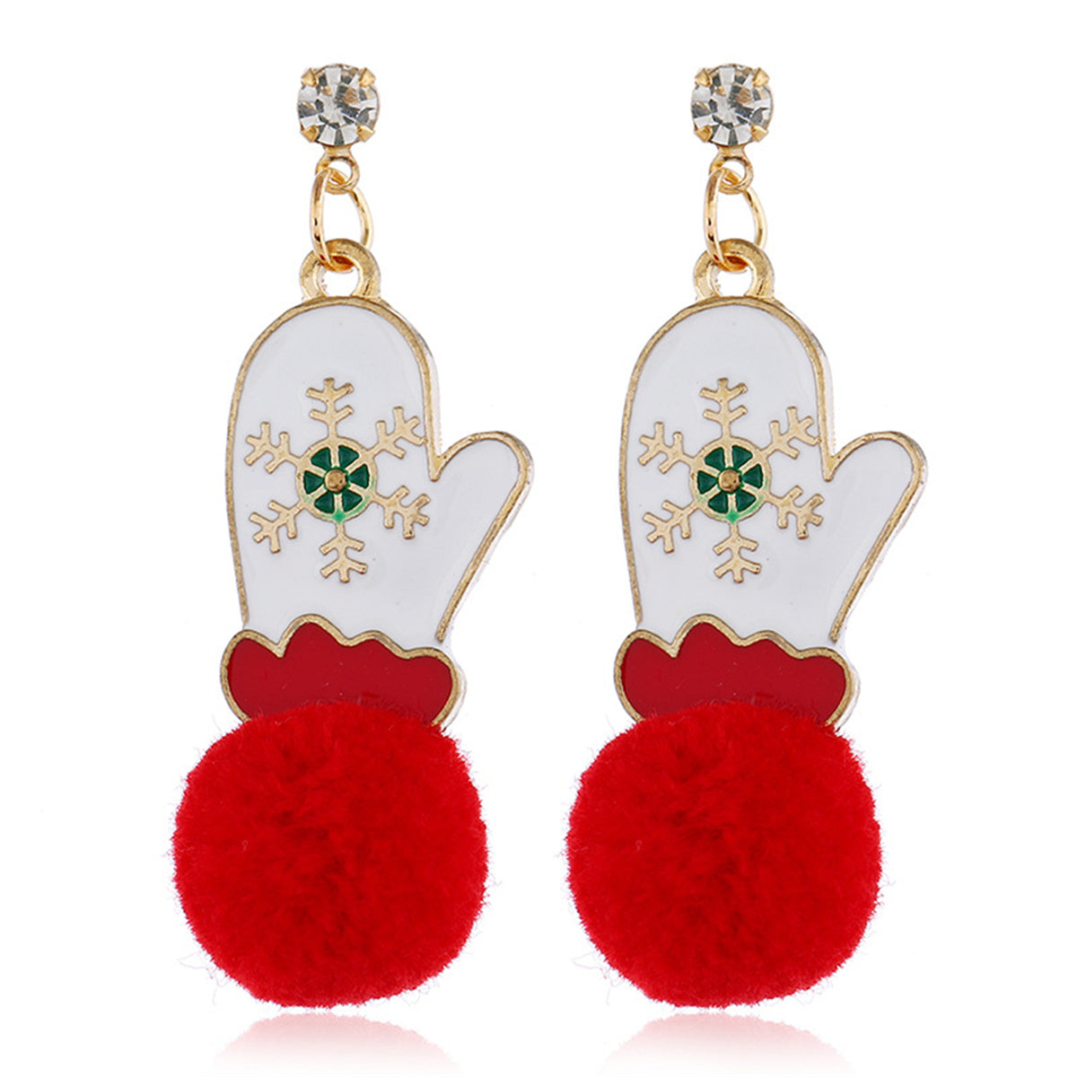 Red and White Snowflake Mittens Pom-Pom Drop Earrings, drop earrings for women, dainty minimalist design, front view