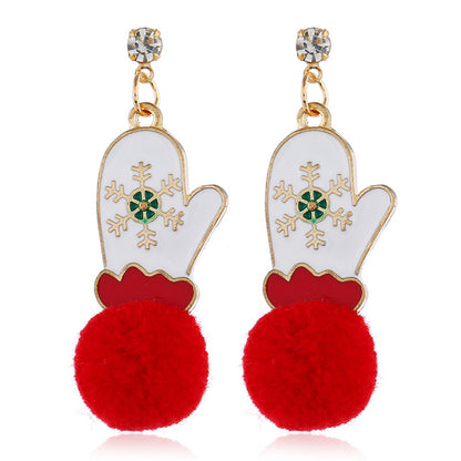 Red and White Snowflake Mittens Pom-Pom Drop Earrings, drop earrings for women, dainty minimalist design, front view
